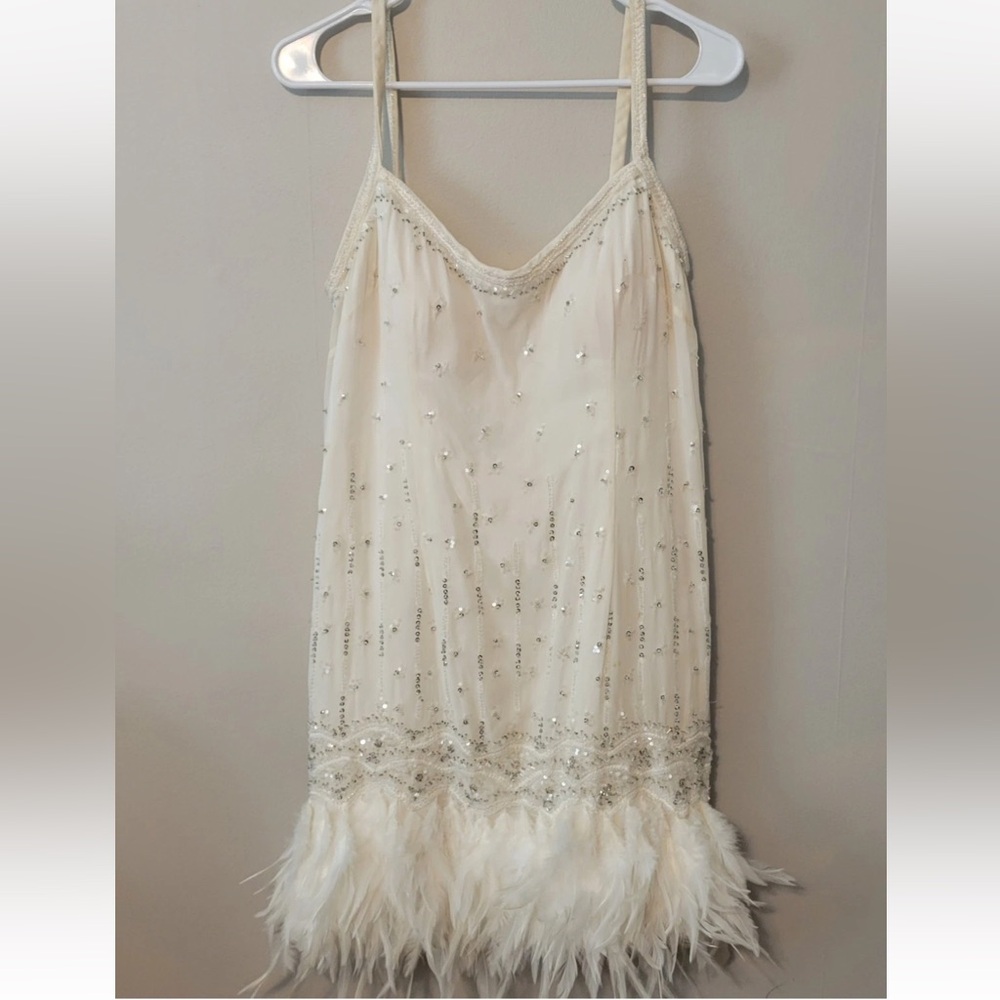 Xeniya Silk Ivory Beaded Sequin Mini Dress with Feather Hem/Trim
